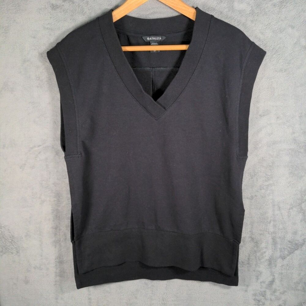 Athleta Retroterry V-Neck Sweatshirt Vest Sz XS Stretch Black Preppy Oversized